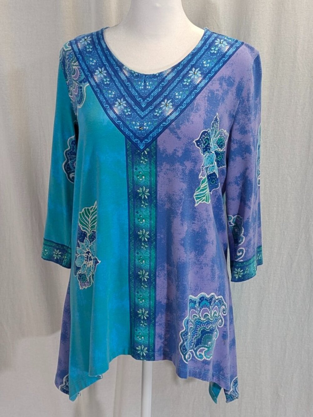 Multiples Size Large Asymmetrical Multi Media Tunic Teal/Purple/Blue